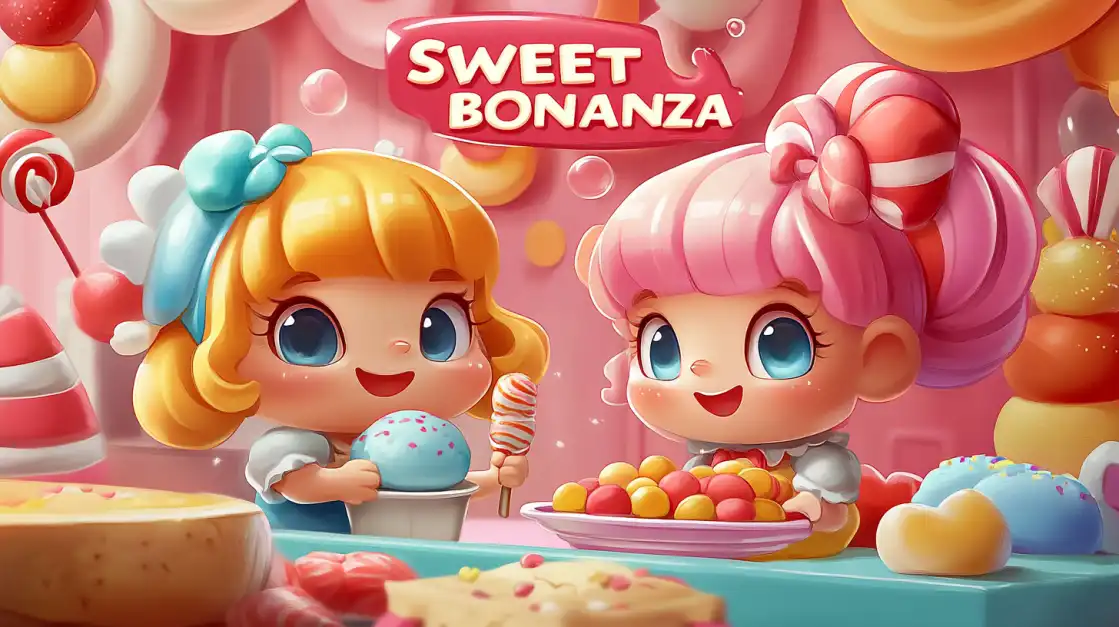 Get a Taste of Sweet Wins with the Sweet Bonanza Slot! Two adorable anime-style girls from the 'Sweet Bonanza' slot game are surrounded by candy and treats, inviting you to get a taste of the sweet, delicious wins available at CVC666.