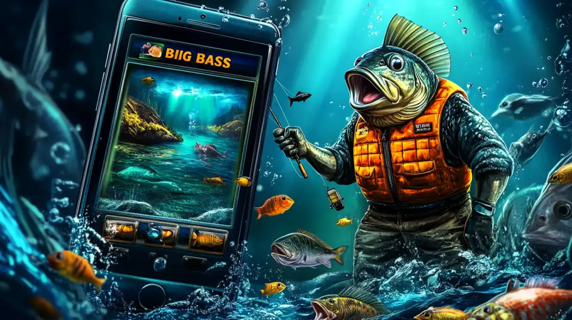 Reel in a Big Win with the Big Bass Slot at CVC666 A fisherman bass character holds a fishing rod next to a smartphone displaying the 'Big Bass' slot game, set in a dynamic underwater scene. Reel in a big win at CVC666.