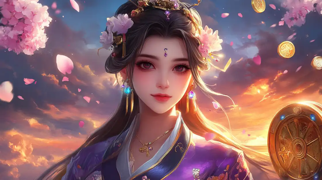 Discover Serene Beauty and Big Wins at CVC666 A beautiful goddess with flowers in her hair is surrounded by floating petals and golden coins at sunset, representing the enchanting and serene Asian-themed slot games at CVC666.