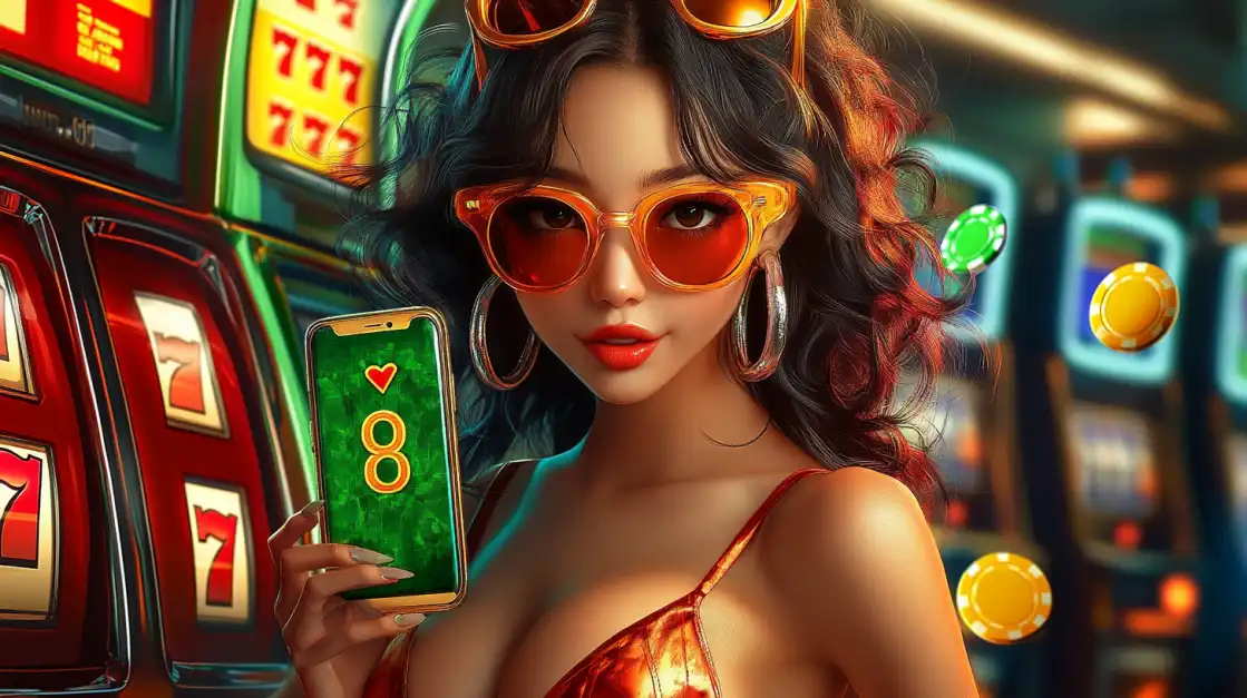 Spin and Win in Style with the CVC666 App A chic woman with curly hair and stylish sunglasses holds up her smartphone to show a winning combination on a CVC666 slot game, inviting you to try your luck and win.