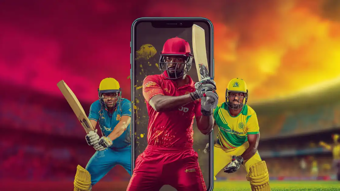 The Best Live Cricket Betting Action on the CVC666 App A dynamic image of cricket players in a packed stadium, with the lead batsman framed inside a smartphone, illustrating the immersive mobile experience of live cricket betting on CVC666.