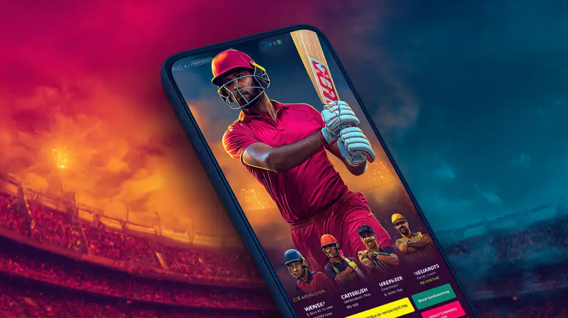 Your Ultimate Cricket Betting Companion: CVC666 App A close-up of a smartphone displaying the CVC666 cricket betting app, which features a team of professional players ready for the match. Download the app for all your cricket action.
